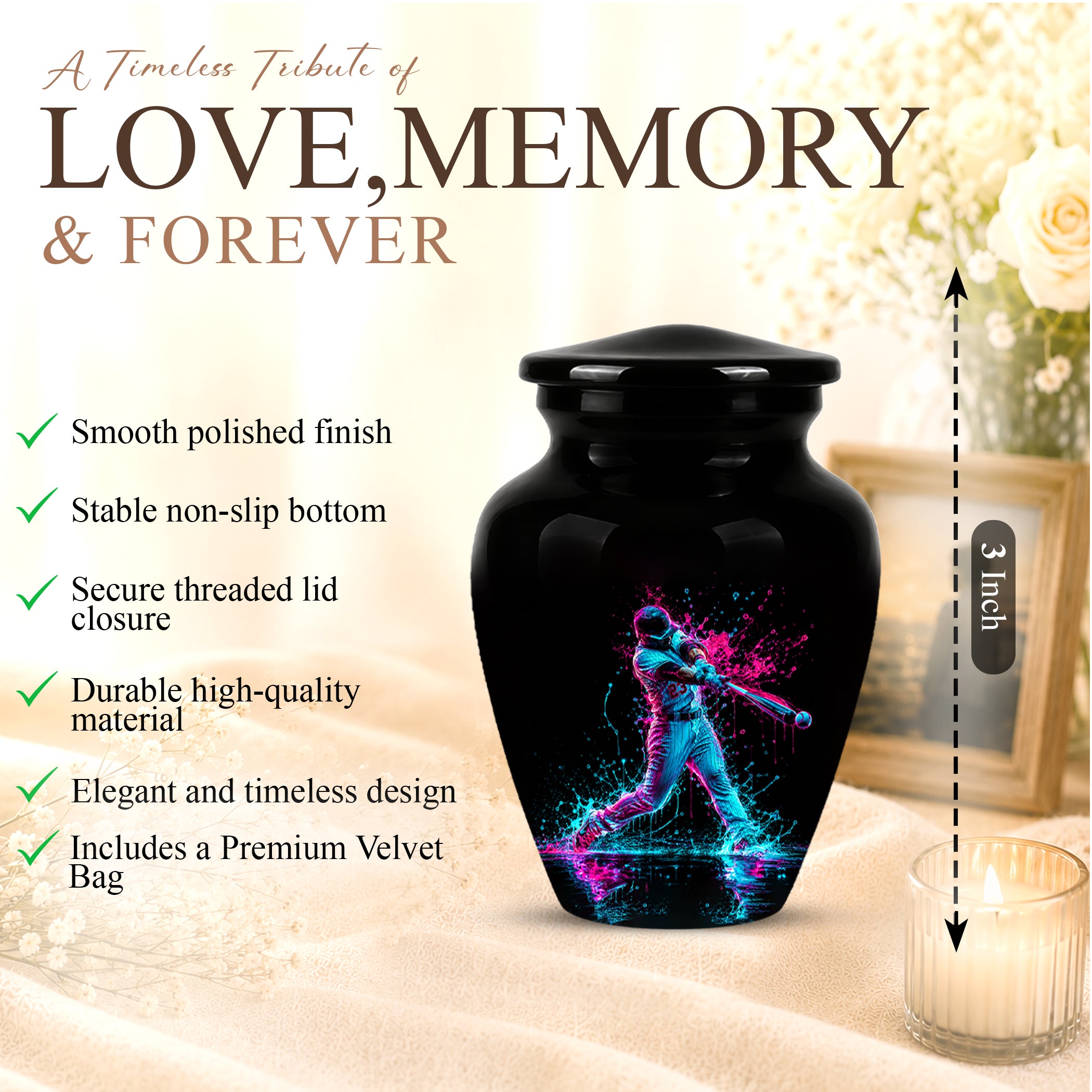 Artistic Baseball Player Funeral Urn - Personalized Black Urns For Ashes