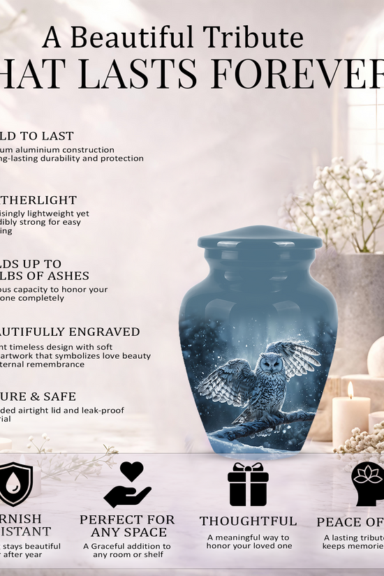 Snowy Owl Cremation Urn - Blue Funeral Urns For Human Ashes