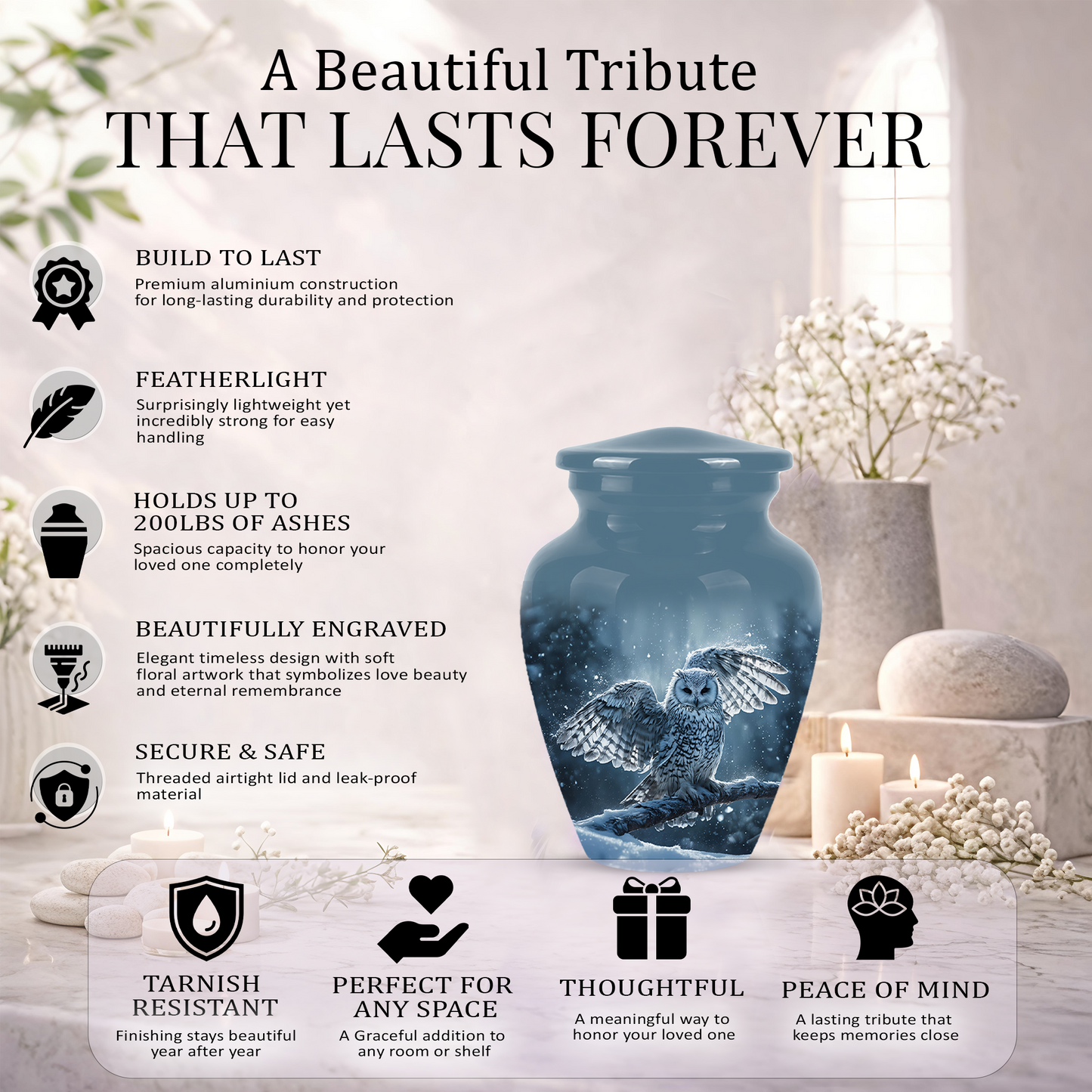 Snowy Owl Cremation Urn - Blue Funeral Urns For Human Ashes