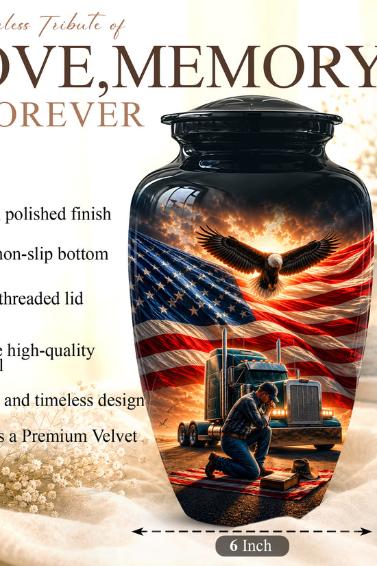 Personalized Patriotic Truck Driver Funeral Urn with American Flag Design
