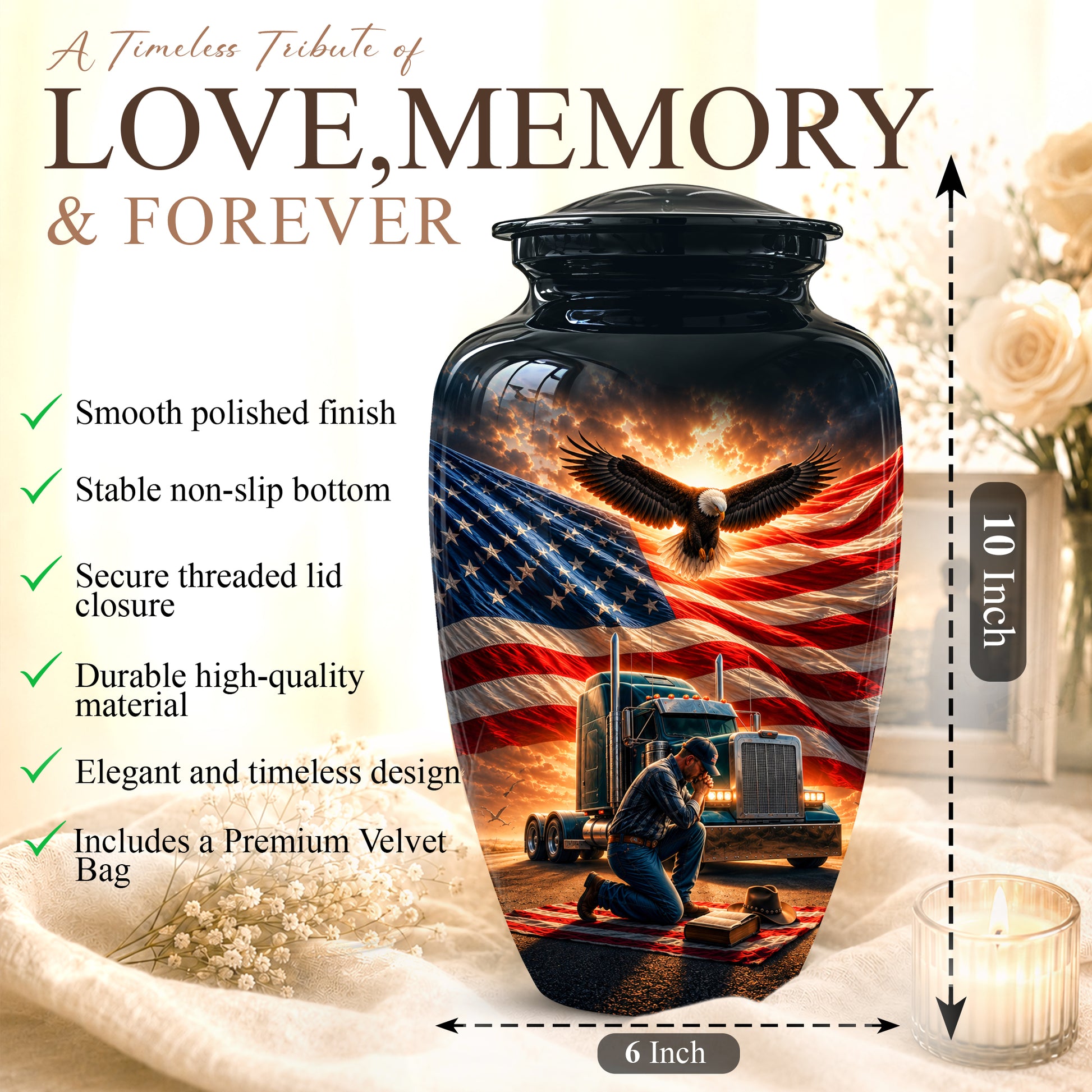 Personalized Patriotic Truck Driver Funeral Urn with American Flag Design
