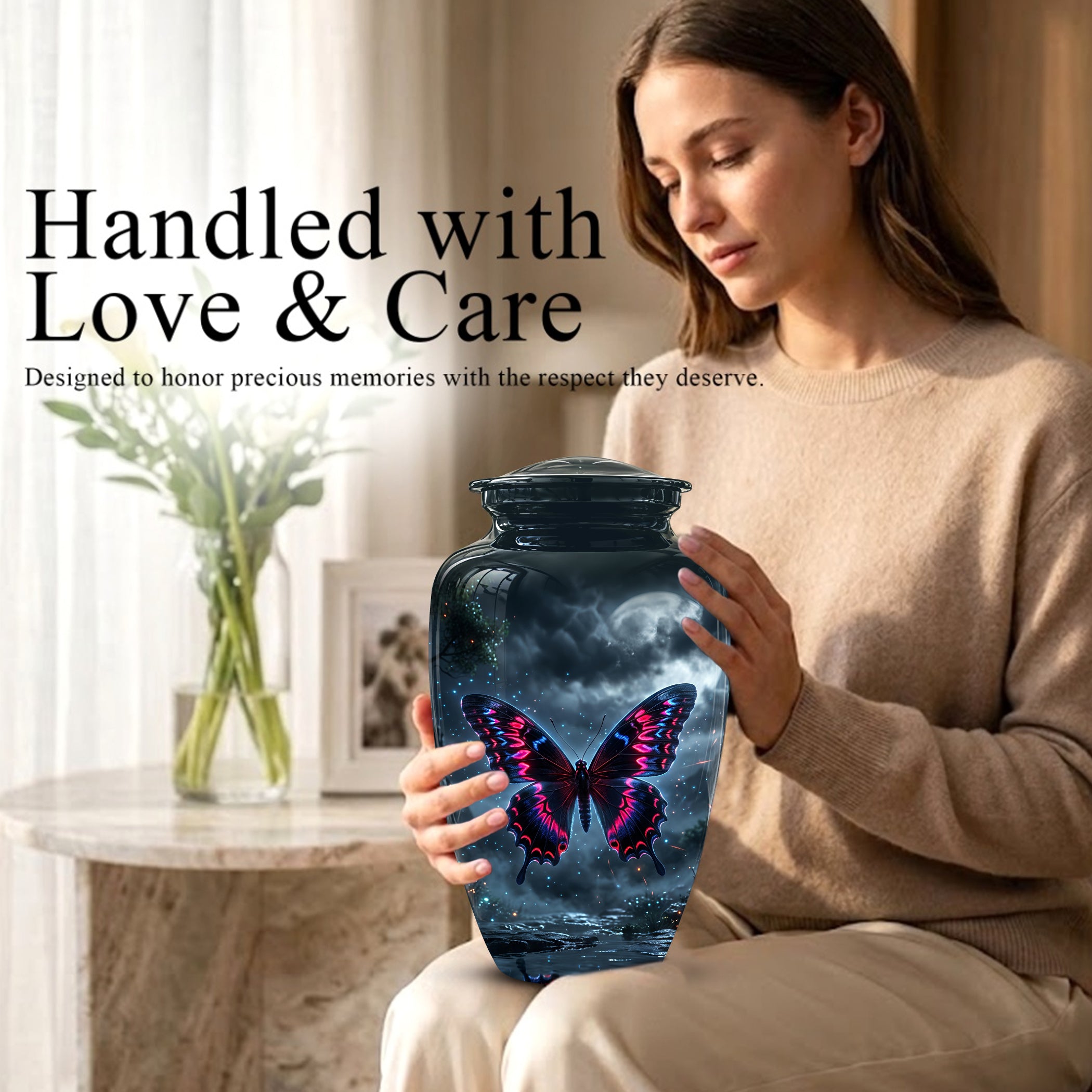 Colorful Butterfly Cremation Urn - Personalized Black Memorial Urns