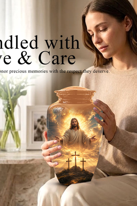 Christian Cross Themed Urn - Sunset Jesus Urns For Spiritual Human Ashes