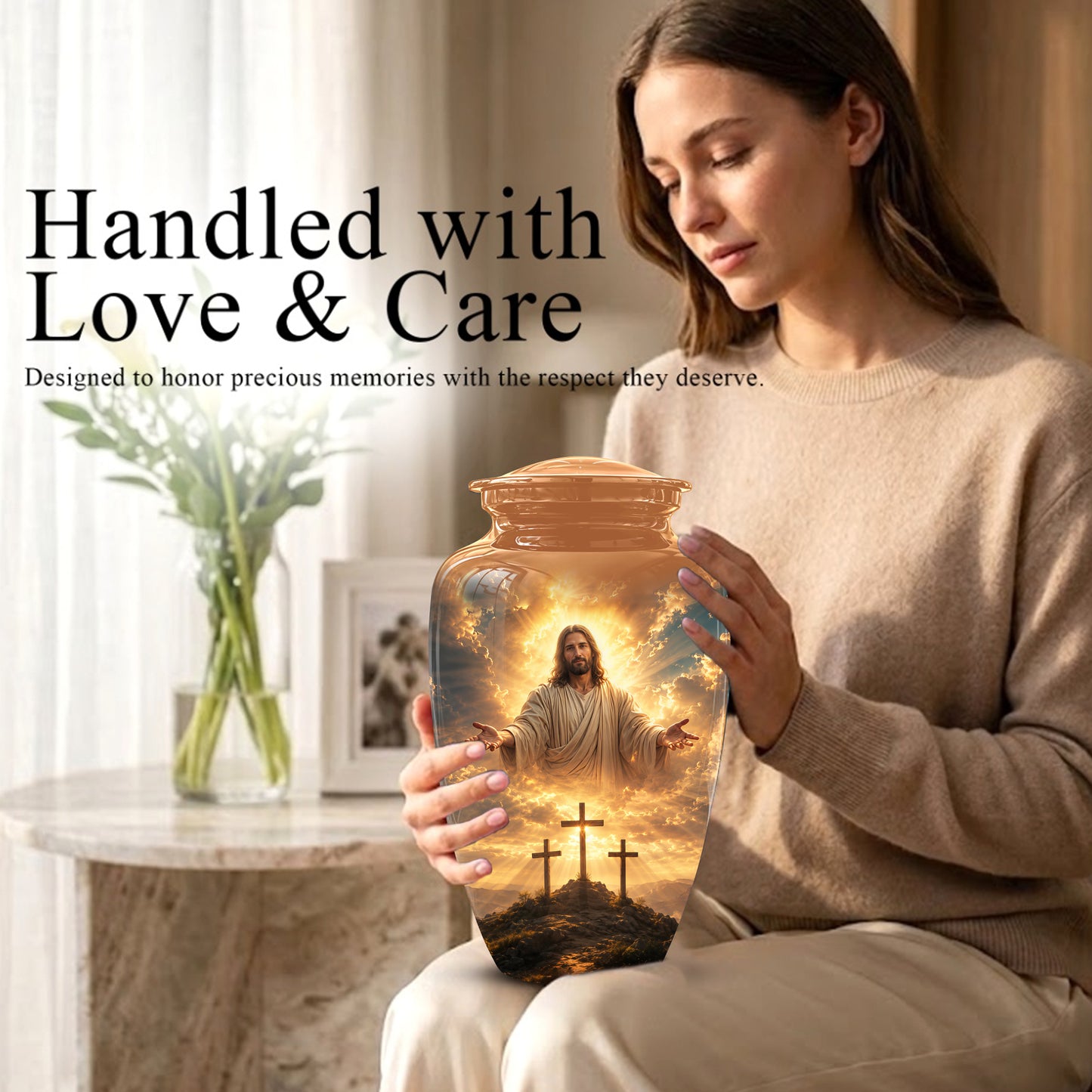 Christian Cross Themed Urn - Sunset Jesus Urns For Spiritual Human Ashes