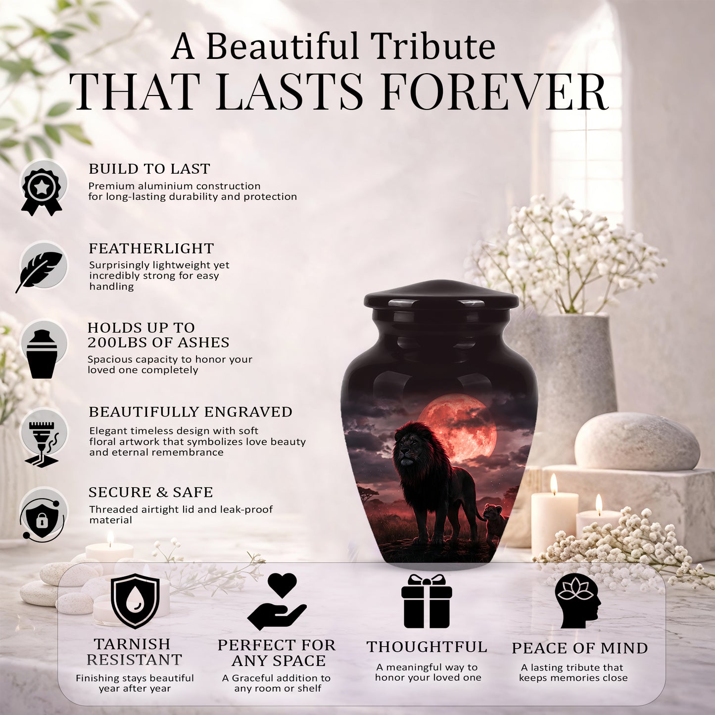 Lion Themed Cremation Urns - Blood Moon Scenic Urns For Loved Ones