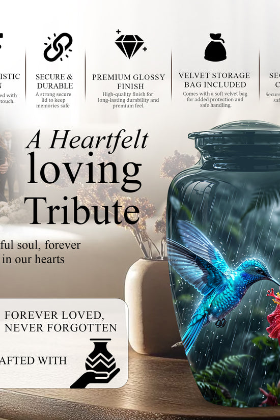 Blue Hummingbird With Red Flower - Personalized Memorial Urns For Ashes