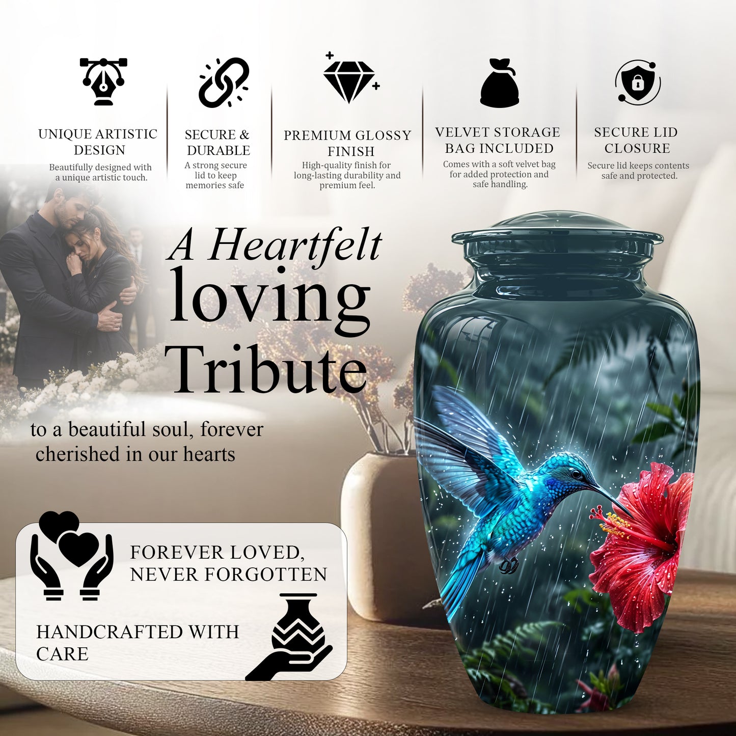 Blue Hummingbird With Red Flower - Personalized Memorial Urns For Ashes