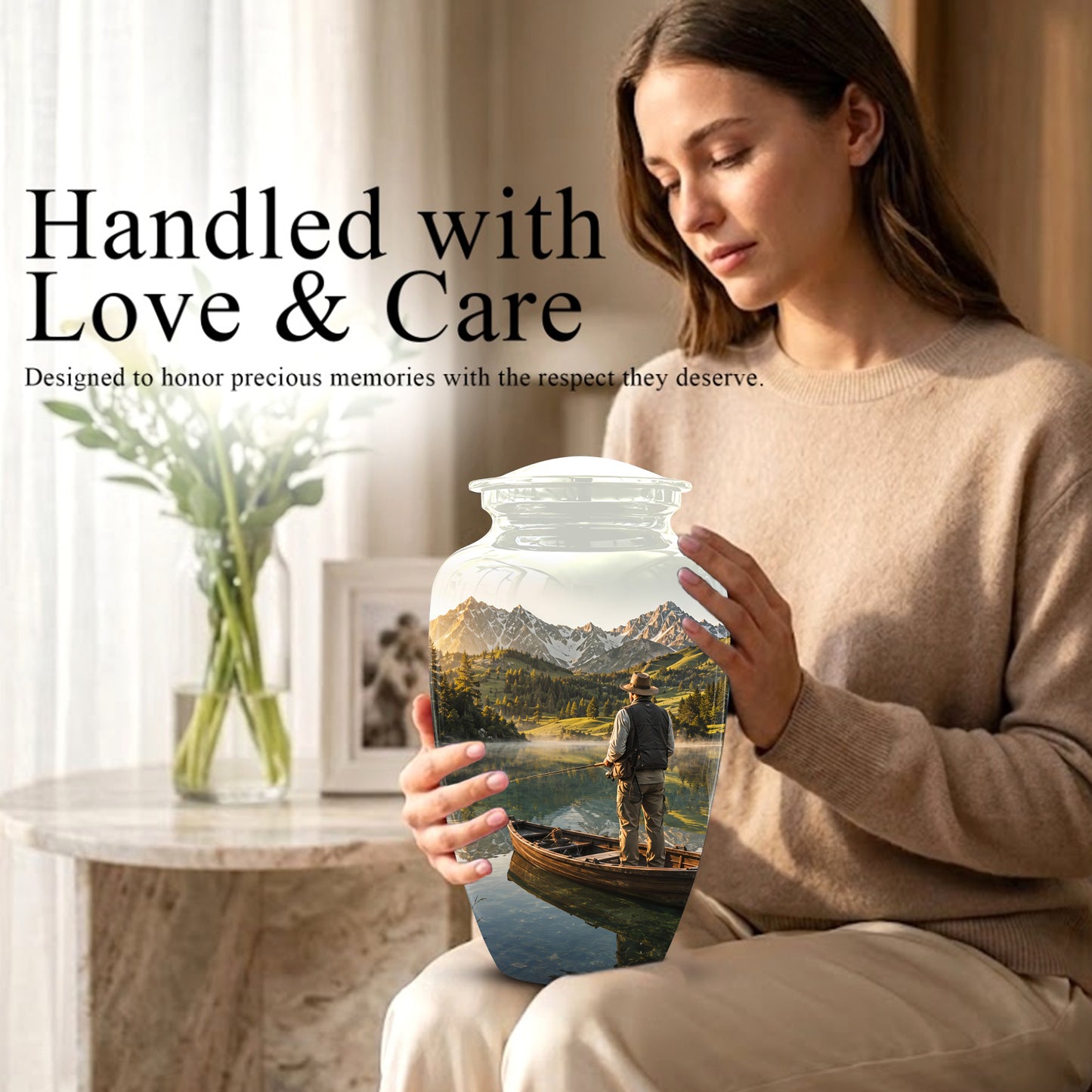 Fishing Cremation Urn - Artistic Landscape Fishing Urns For Dad Ashes