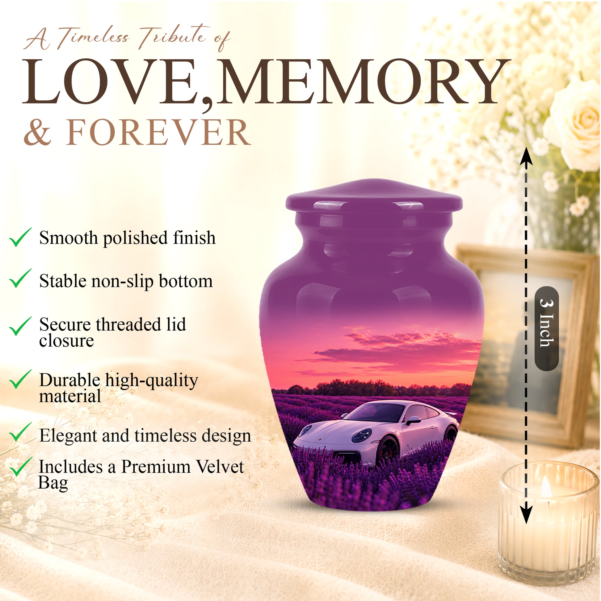 White Car Funeral Urn - Sunset Memorial Urns For Women Car Enthusiasts