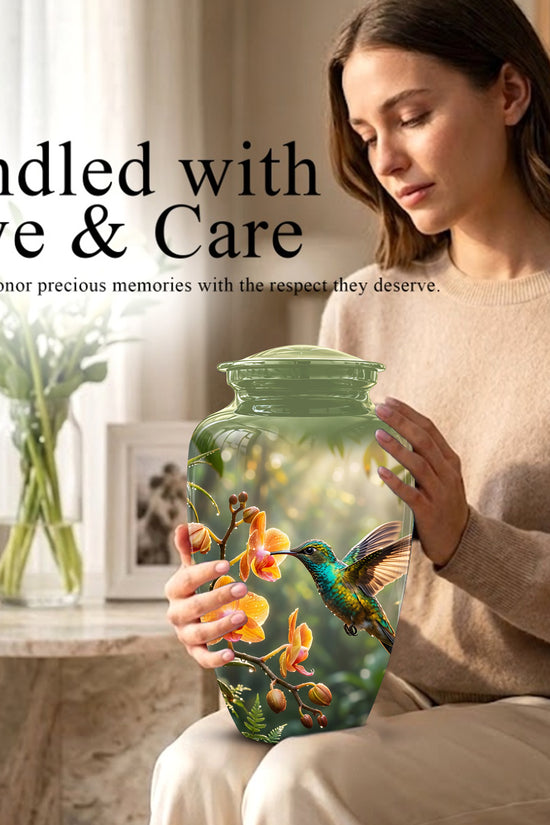 Colorful Hummingbird Urn - Green Cremation Urn For Nature Lovers Ashes