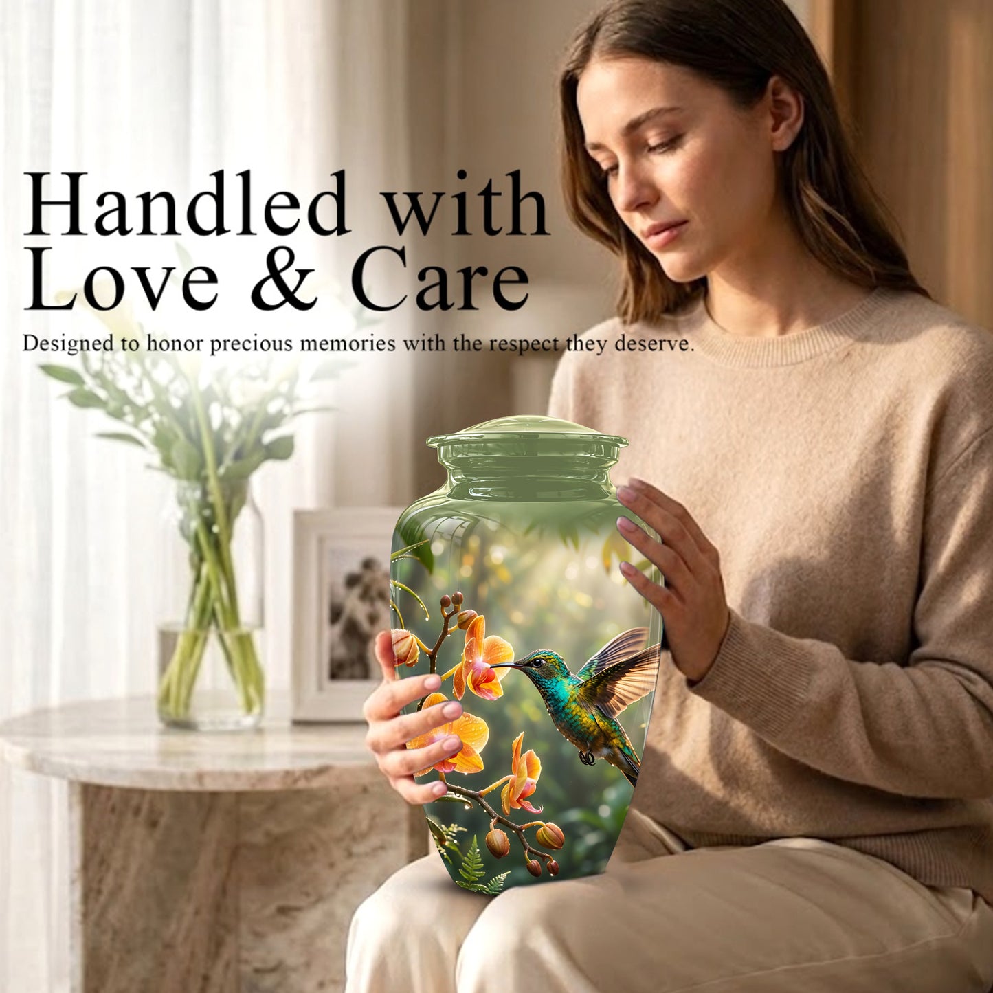 Colorful Hummingbird Urn - Green Cremation Urn For Nature Lovers Ashes