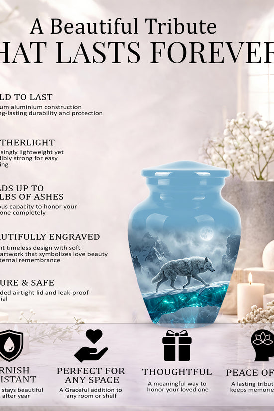 White Wolf In Snow Themed Urn - Classic Custom Urns For Human Ashes
