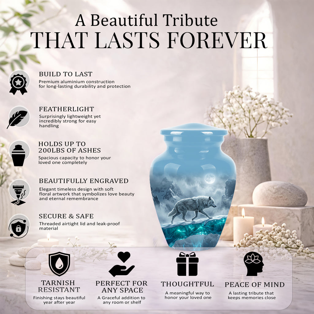 White Wolf In Snow Themed Urn - Classic Custom Urns For Human Ashes