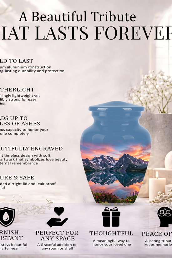 Mountain Lake Burial Urns - Sunset Scenic Cremation Urns For Nature Lovers