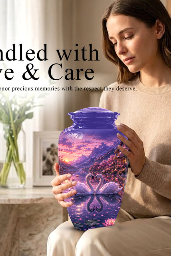 Couple Swan Cremation Urn - Purple Memorial Urns For Loved Ones Ashes