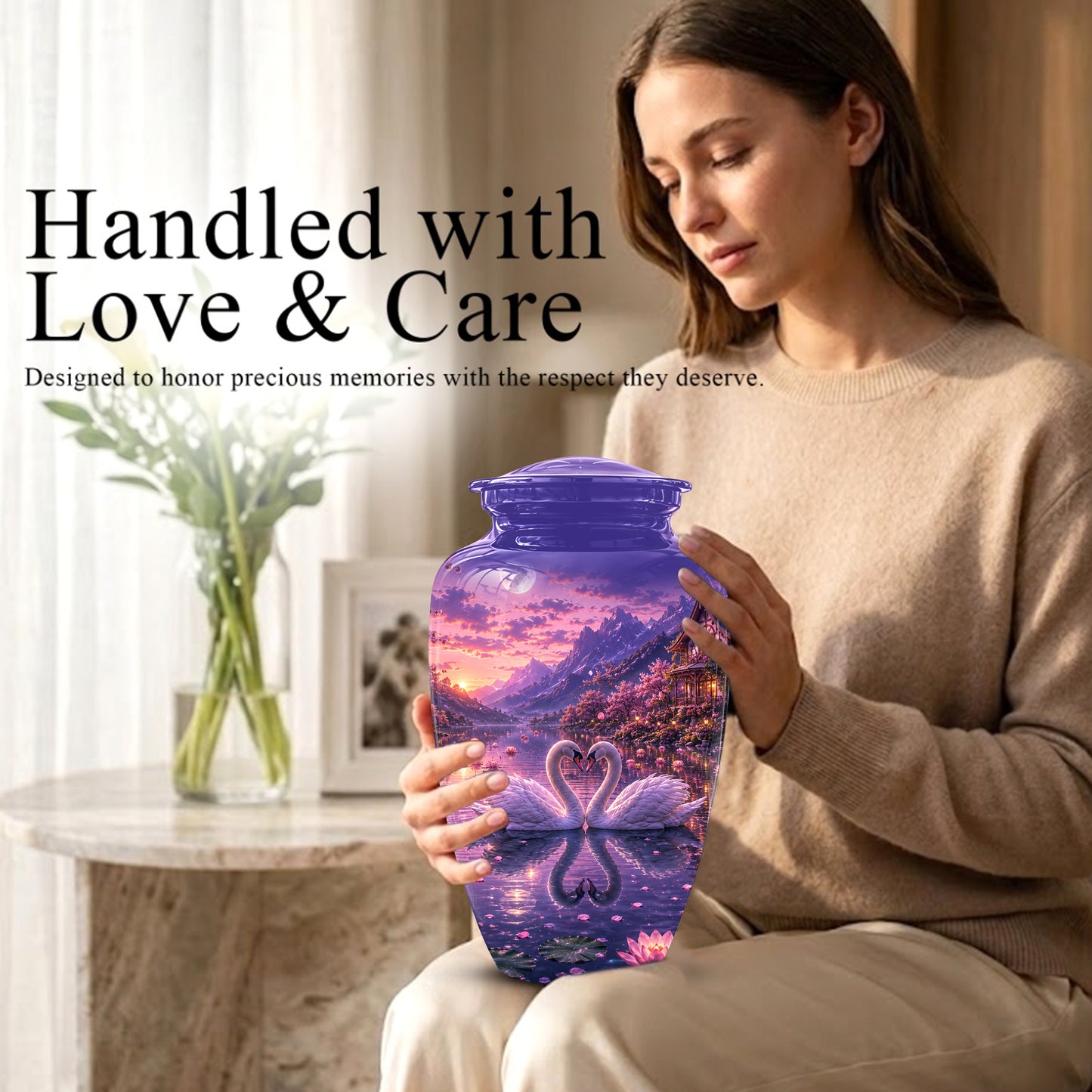 Couple Swan Cremation Urn - Purple Memorial Urns For Loved Ones Ashes