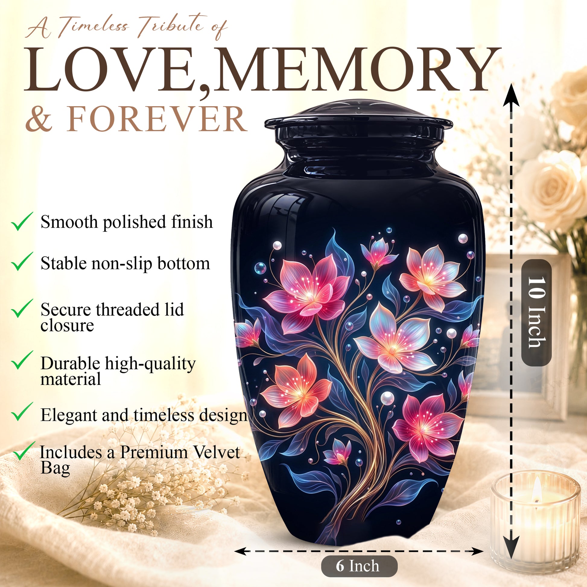 Hand-Painted Lotus Flower Cremation Urn - Decorative Urns On Sale