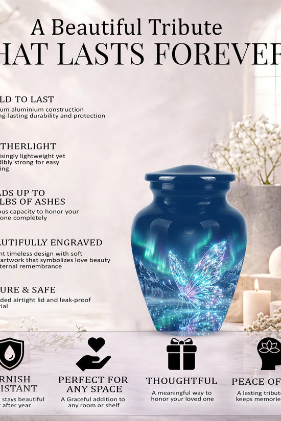 Glowing Butterfly Cremation Urn - Beautiful Blue Memorial Urns For Mom