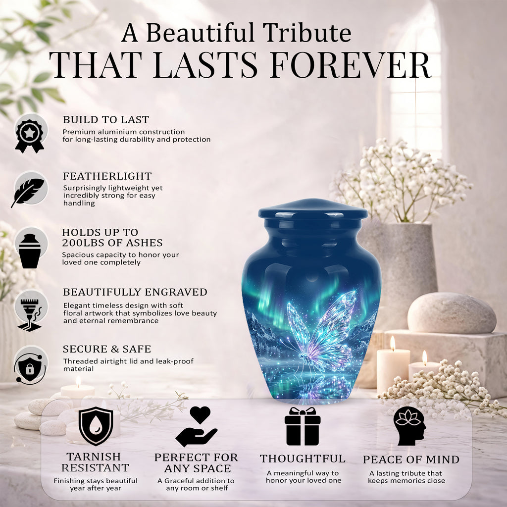 Glowing Butterfly Cremation Urn - Beautiful Blue Memorial Urns For Mom