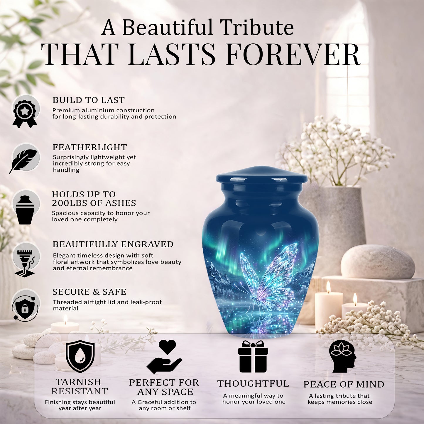 Glowing Butterfly Cremation Urn - Beautiful Blue Memorial Urns For Mom