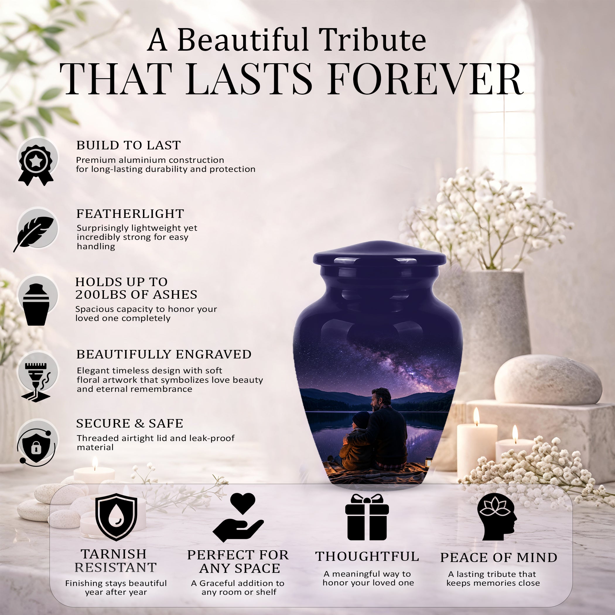 Father & Son Love Cremation Urn - Mountain Night Scenic Urns For Dad
