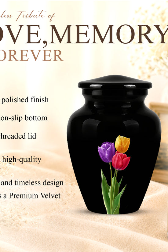 Colorful Tulips Flower Cremation Urn - Personalized Black Urns On Sale
