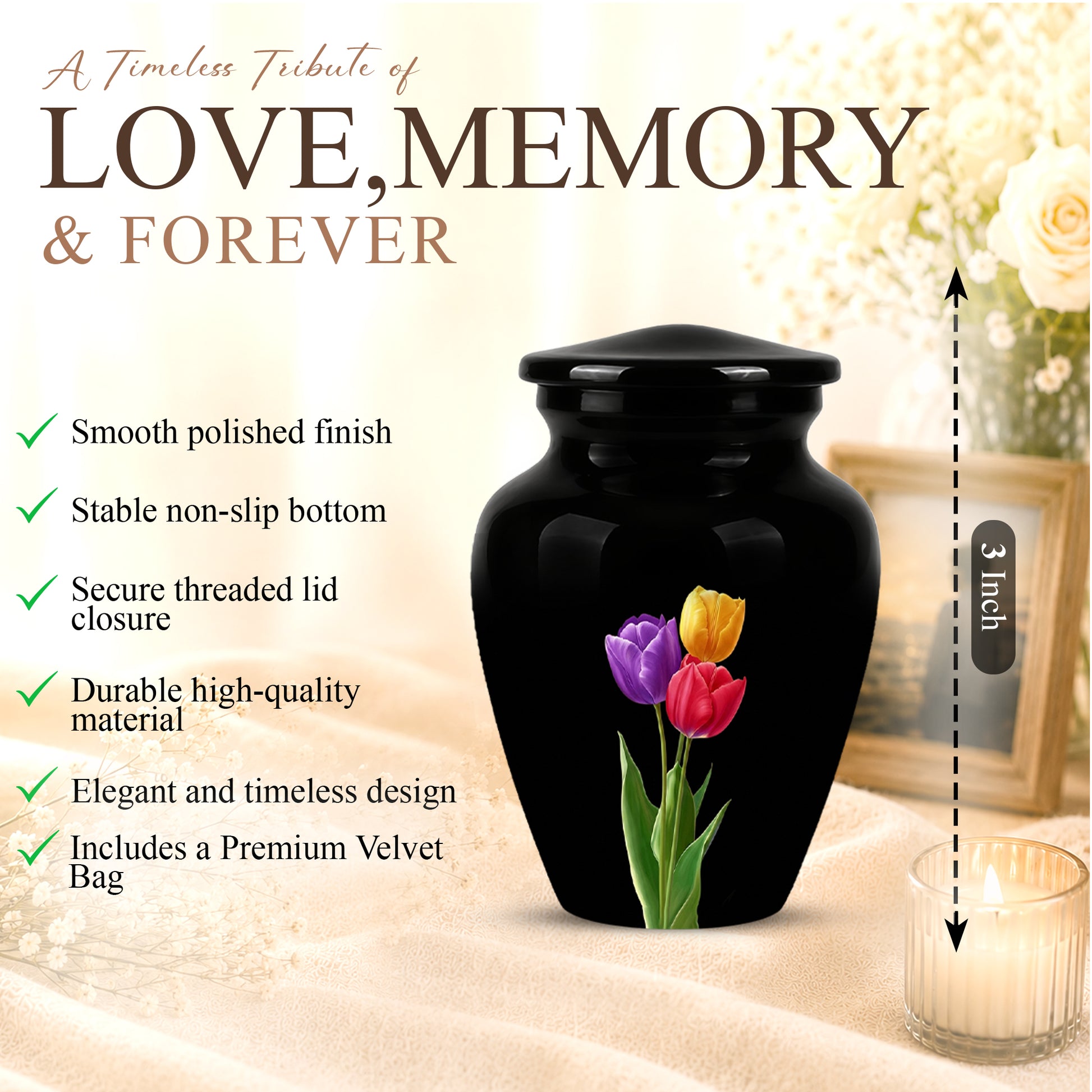 Colorful Tulips Flower Cremation Urn - Personalized Black Urns On Sale