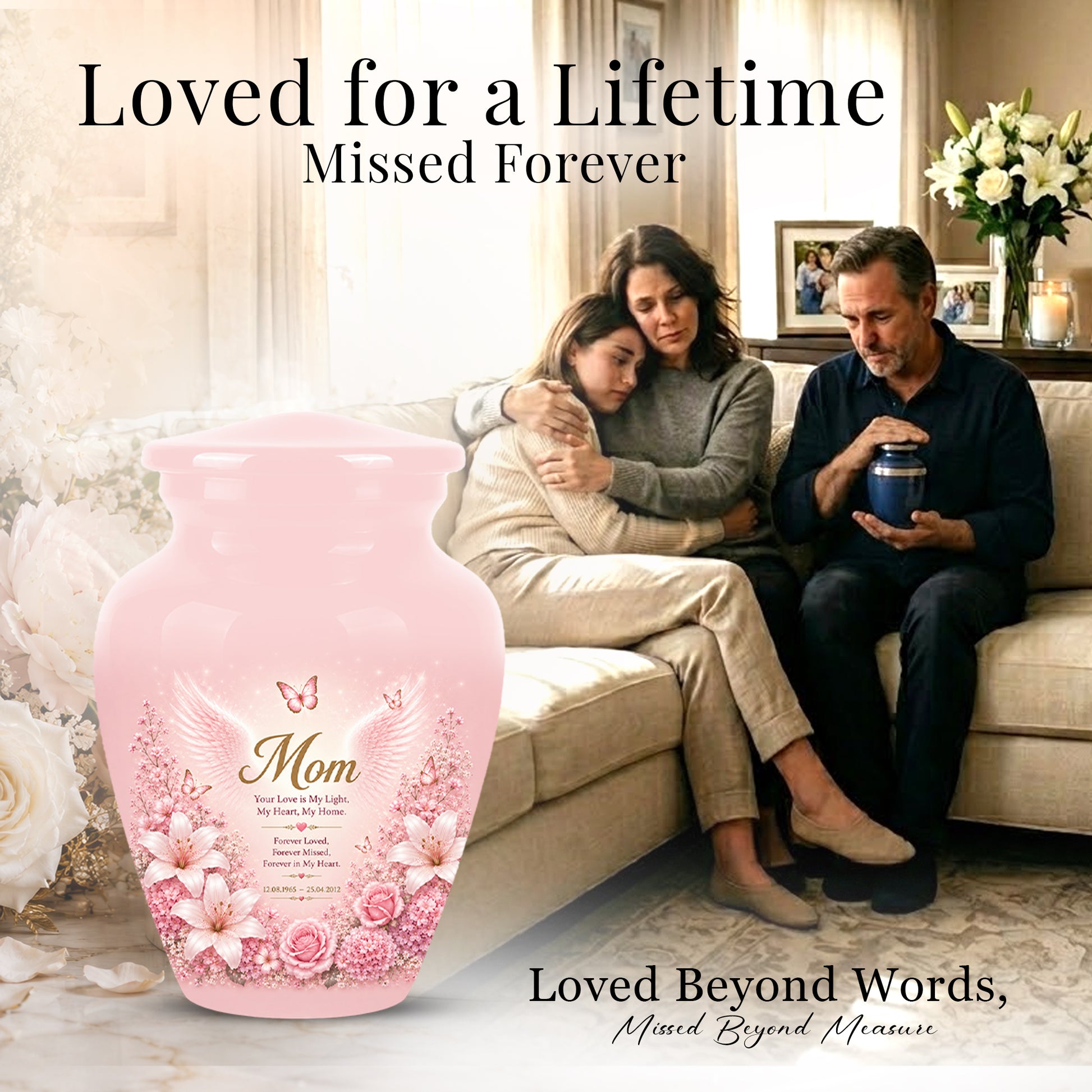 Angel Wings Funeral Urn for Mom – Pink Aluminium Burial Urn for Human Ashes