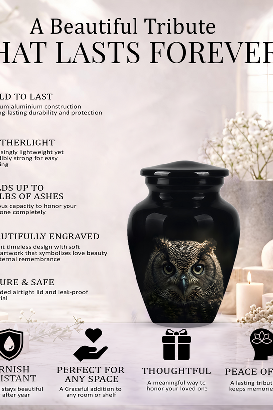 Owl Cremation Urns For Human Ashes - Black Burial Urns For Dad