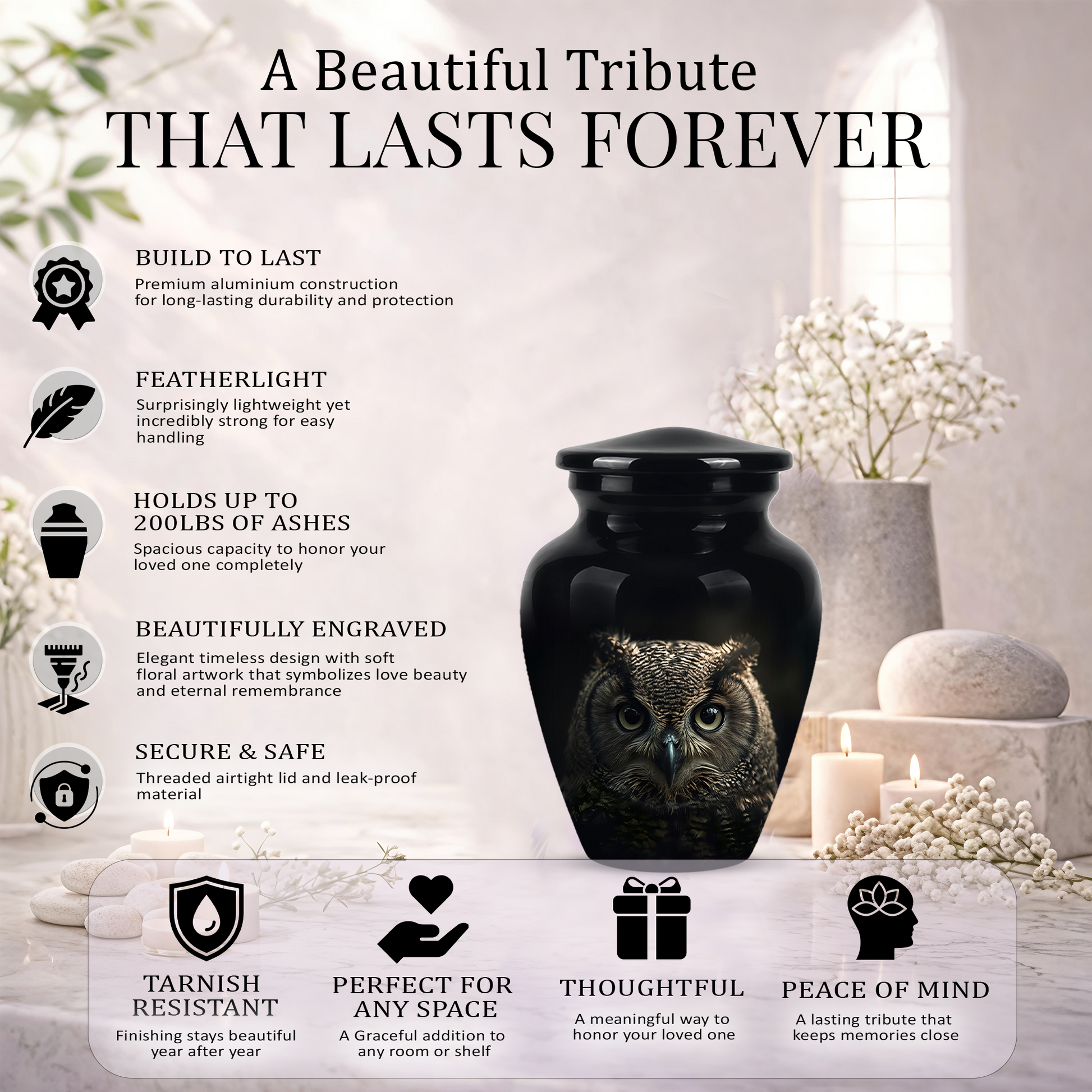 Owl Cremation Urns For Human Ashes - Black Burial Urns For Dad