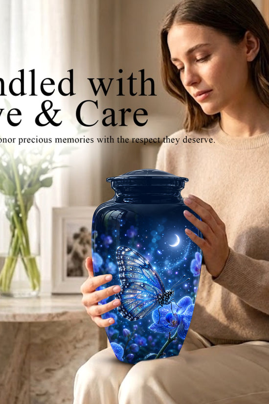 Blue Butterfly On Flower -Starry Night Burial Urns For Human Ashes