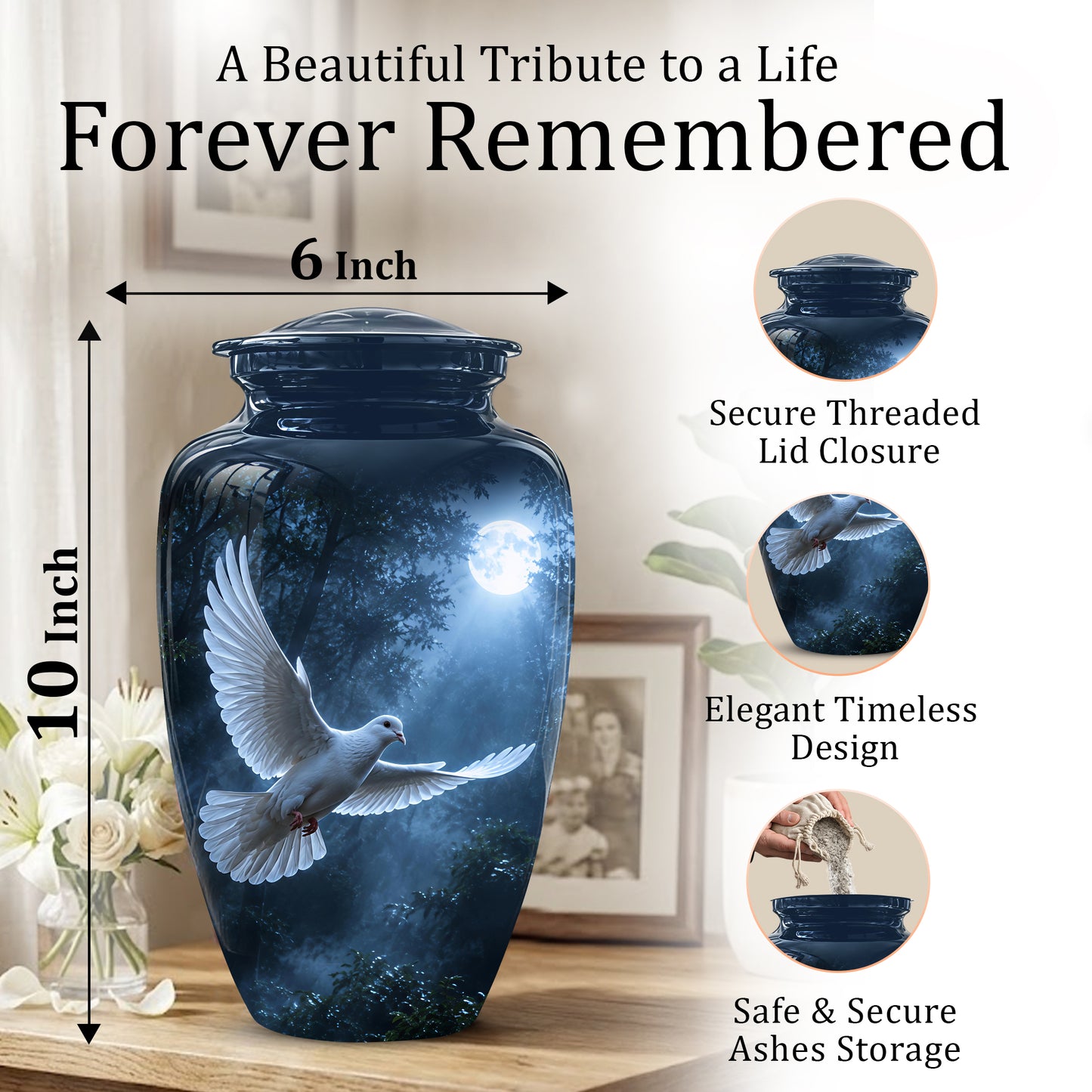 White Flying Dove Cremation Urn - Night Moon Memorial Urns For Ashes