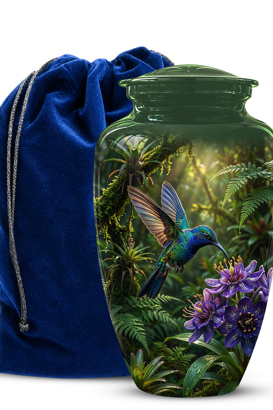 Flying Hummingbird Themed Urn - Beautiful Purple Flower Cremation Urns
