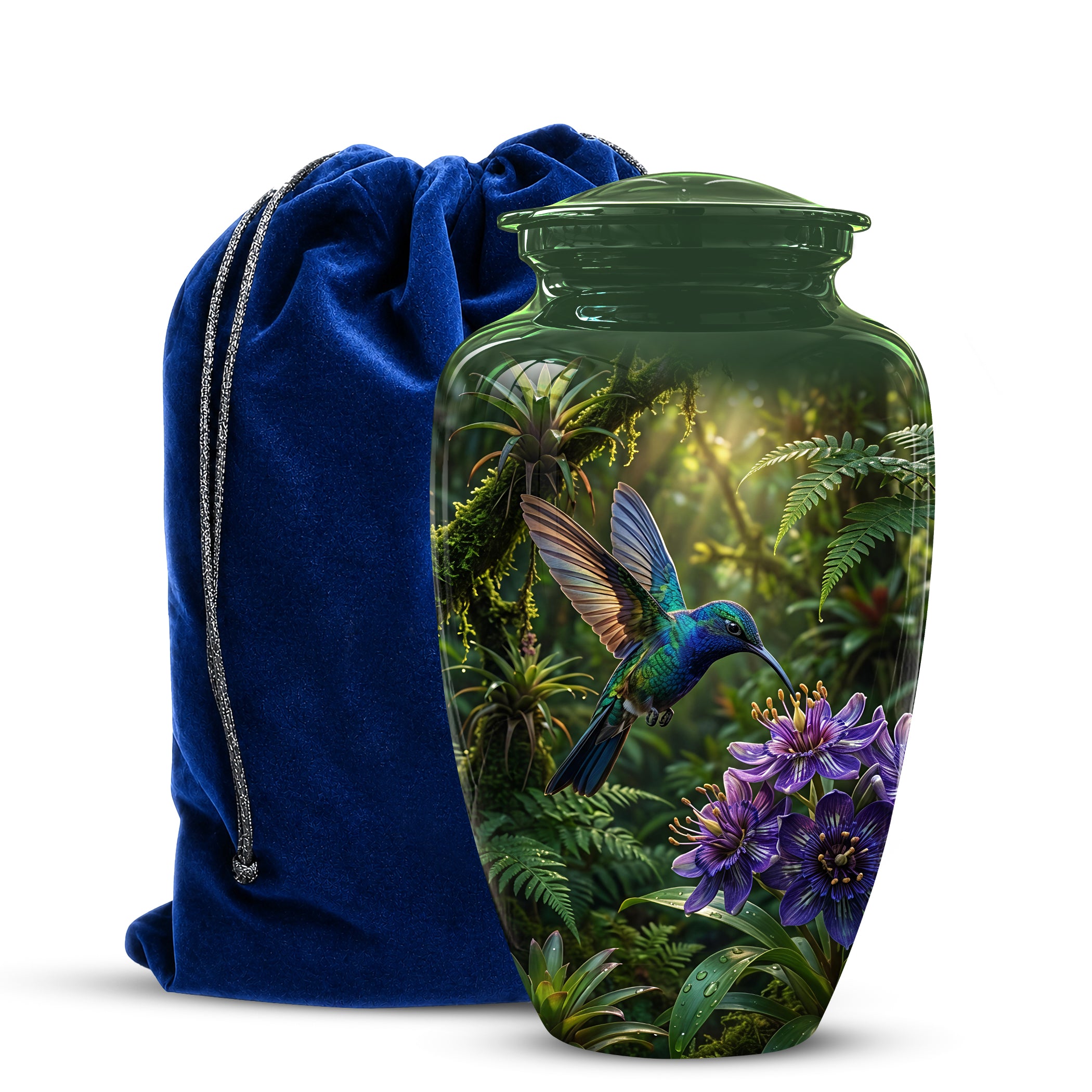 Flying Hummingbird Themed Urn - Beautiful Purple Flower Cremation Urns