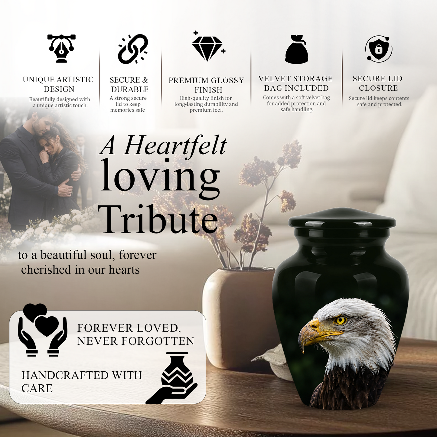 Patriotic Eagle Cremation Urn - Black Memorial Father Urns For Ashes