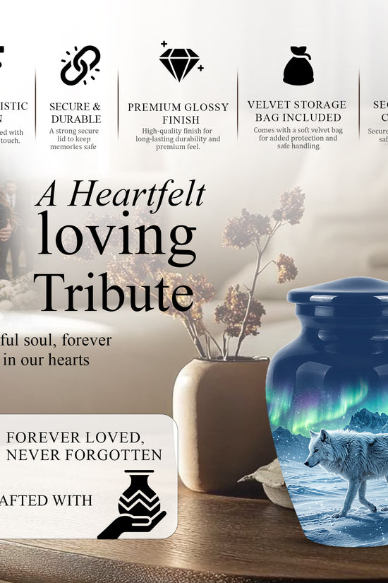 Snowy Wolf Cremation Urn - Northern Light Memorial Urn For Human Ashes