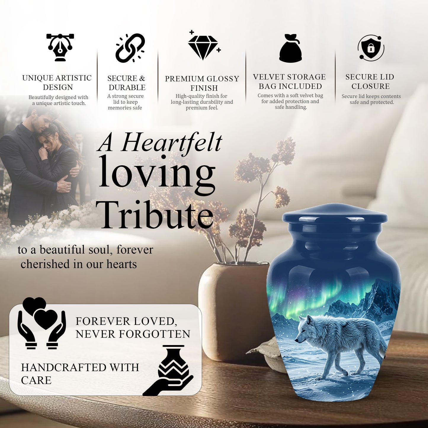 Snowy Wolf Cremation Urn - Northern Light Memorial Urn For Human Ashes