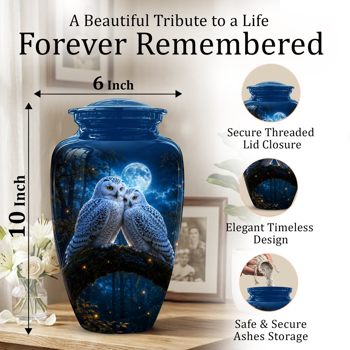 Snowy Owls Cremation Urn - Moonlight Owl Funeral Urns For Human Ashes