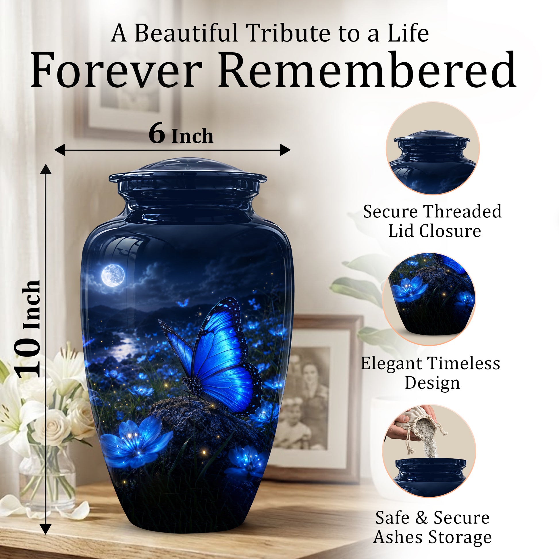 Personalized Blue Butterfly Cremation Urn - Handcrafted Urns For Women
