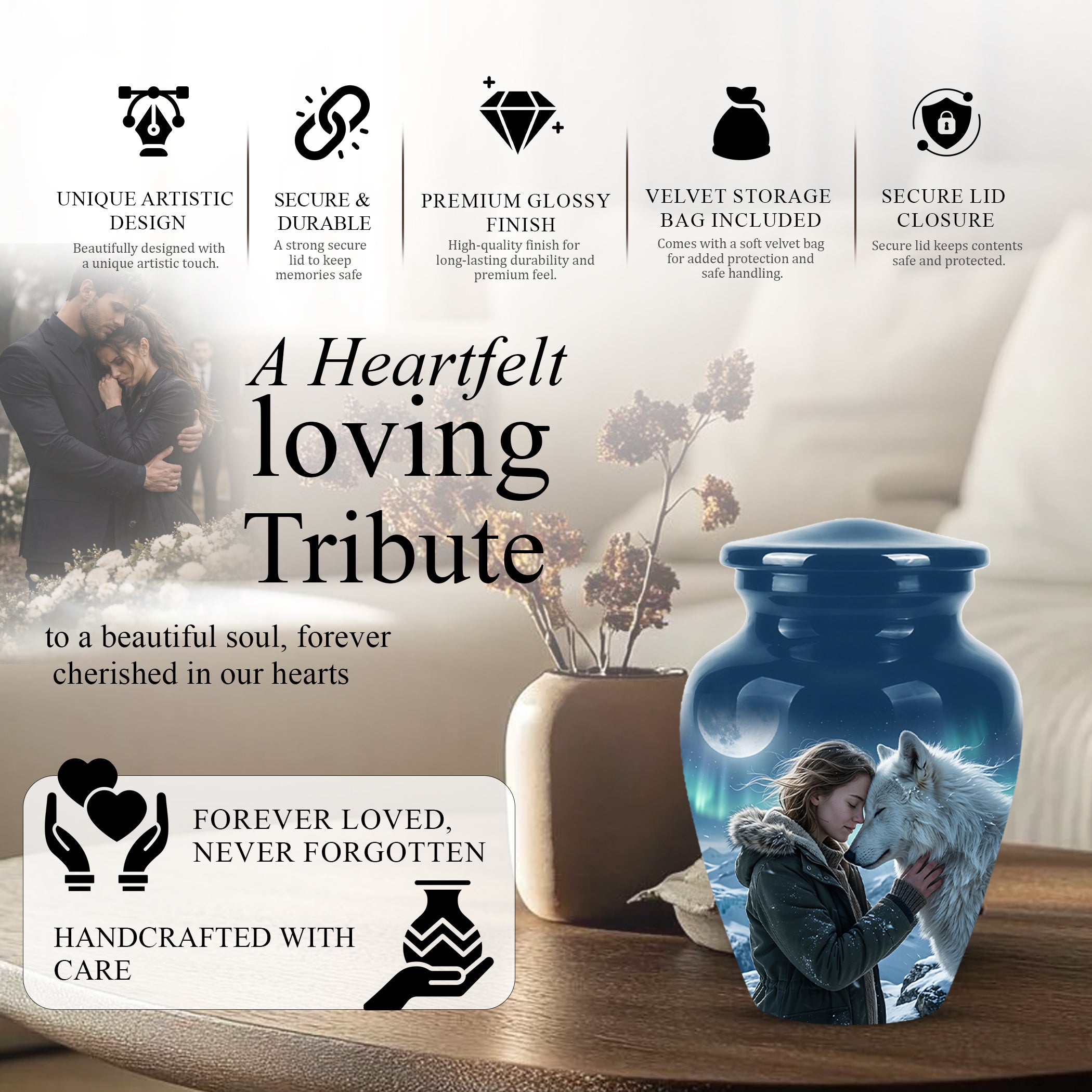 White Wolf Memorial Urn for Ashes - Custom Engraved Urns For Human