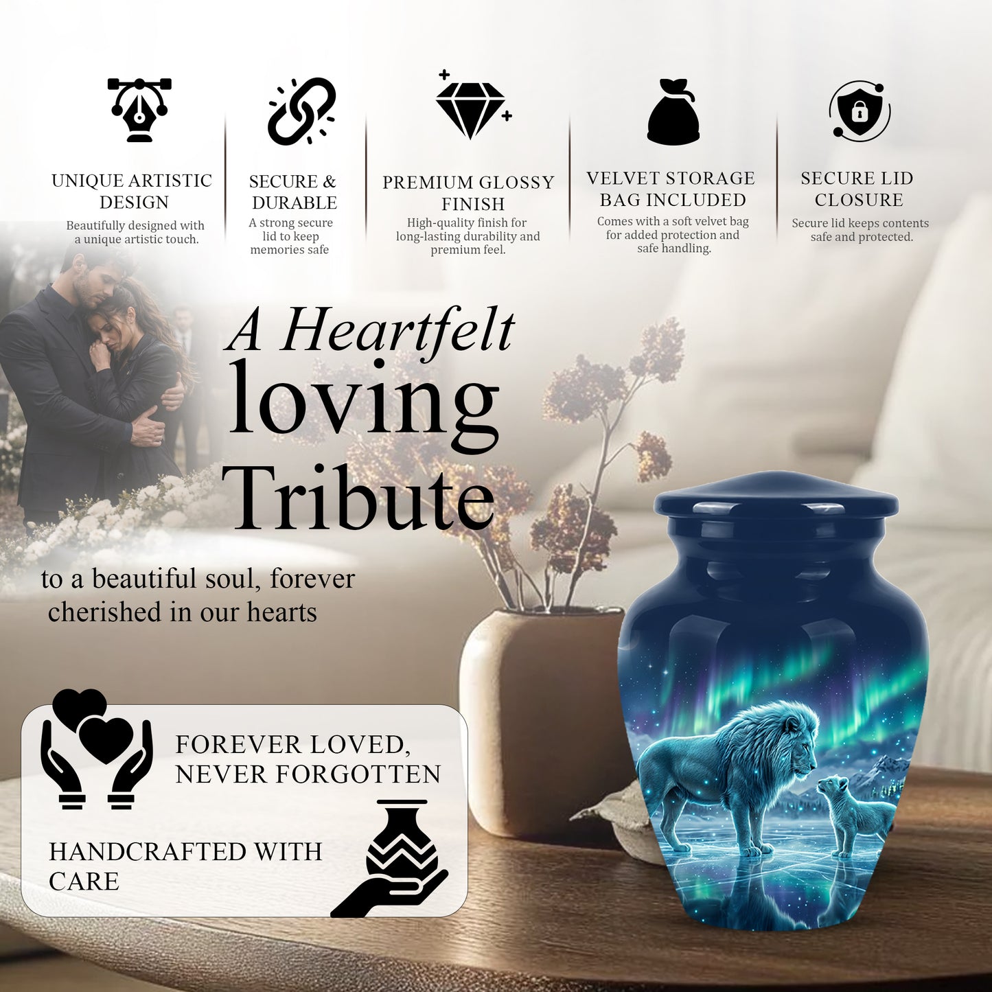 Lion & Cub Aurora Borealis Urn - Personalized Lion Urns For Human Ashes