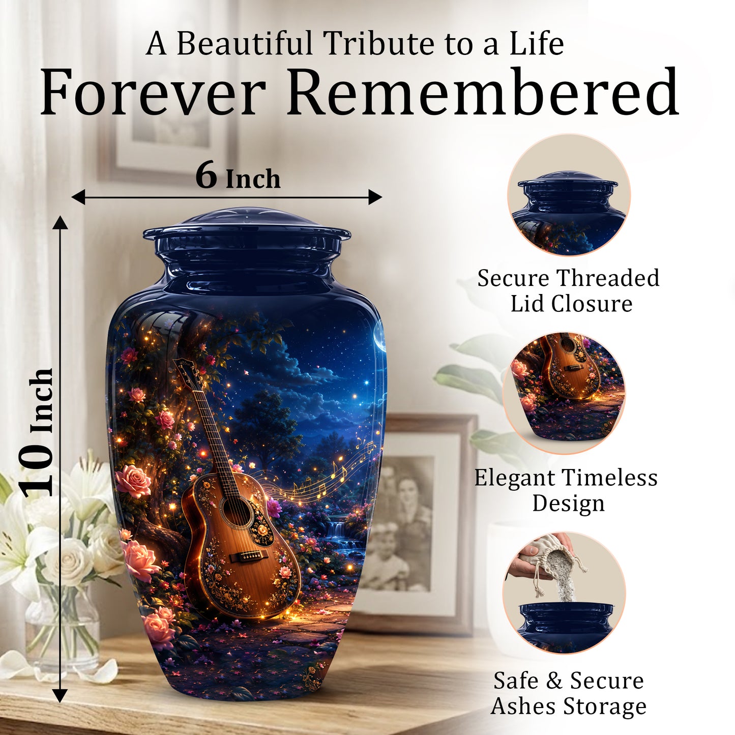 Acoustic Guitar & Starry Night Urn - Custom Funeral Urns For Musicians