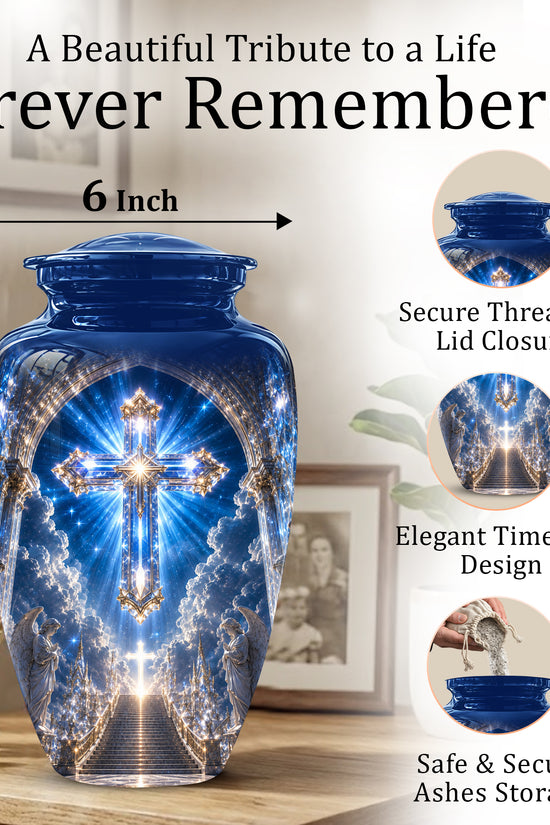 Heavenly Cross Cremation Urn – Blue Memorial Urn For Human Ashes