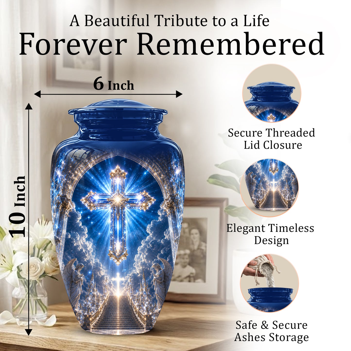 Heavenly Cross Cremation Urn – Blue Memorial Urn For Human Ashes