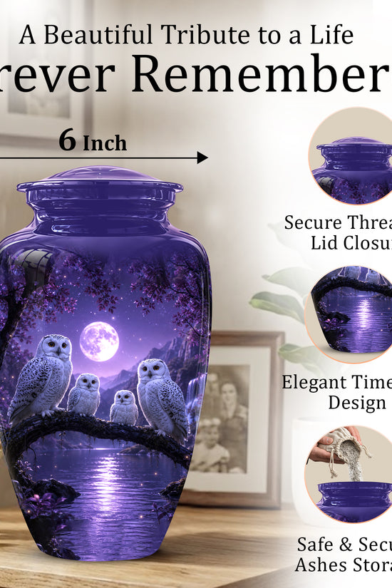 Snowy Owl Family Themed Cremation Urn - Purple Moonlight Memorial Urns