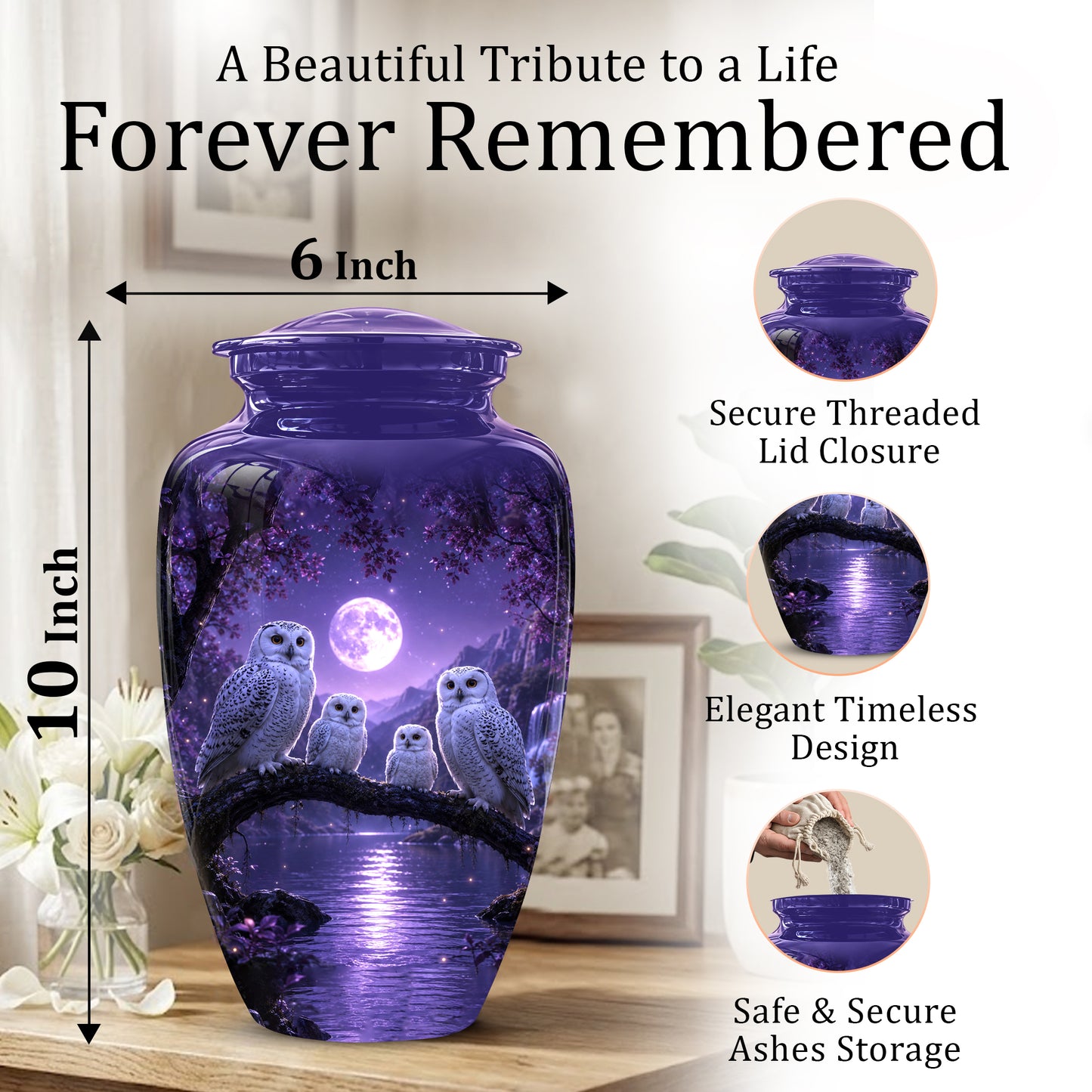 Snowy Owl Family Themed Cremation Urn - Purple Moonlight Memorial Urns
