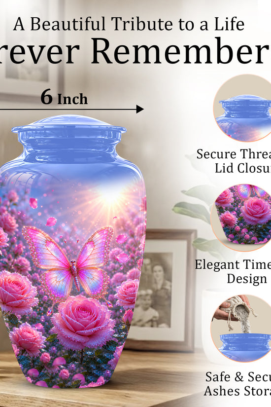 Pink Butterfly On Flower Funeral Urn - Handcrafted Urns For Mom Ashes