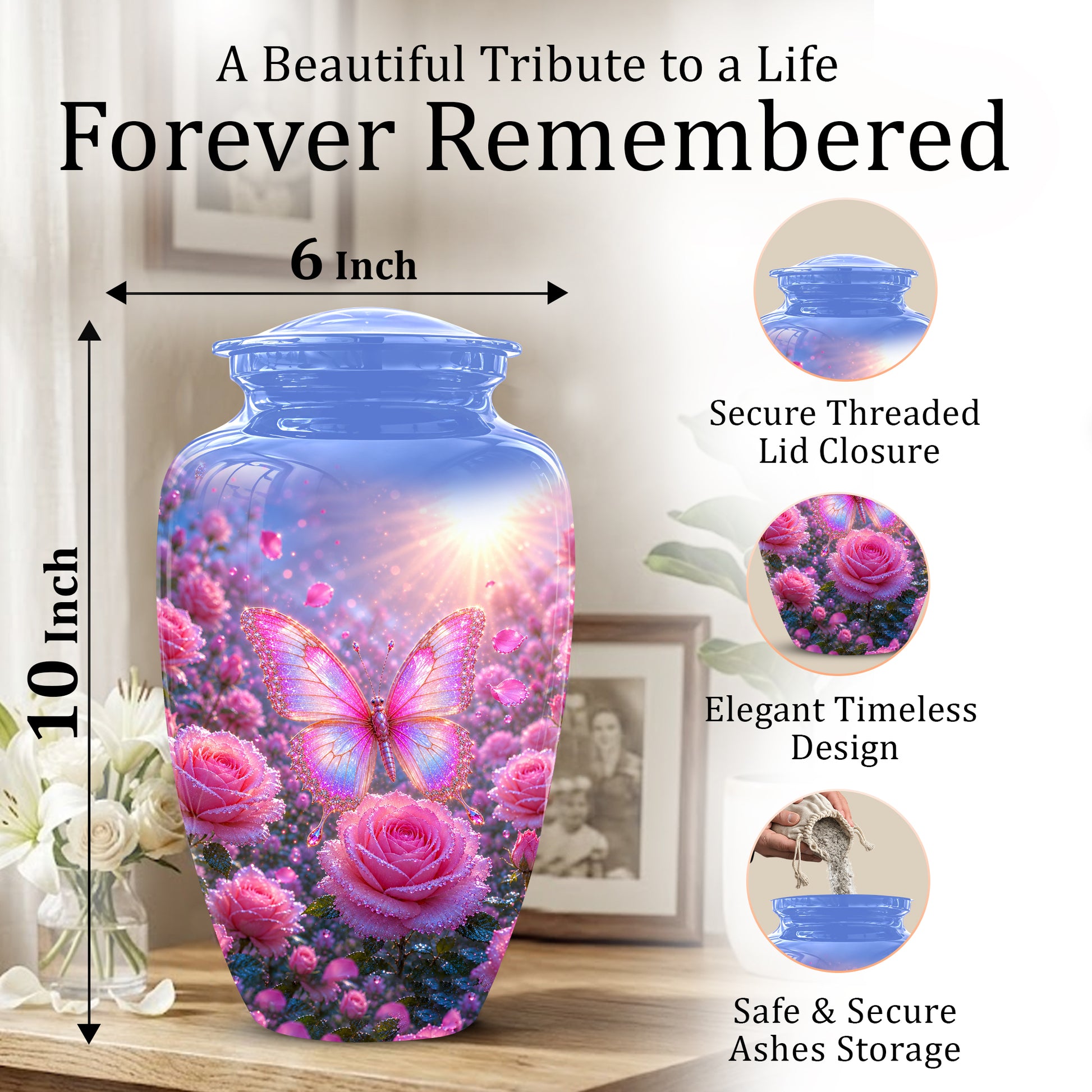Pink Butterfly On Flower Funeral Urn - Handcrafted Urns For Mom Ashes