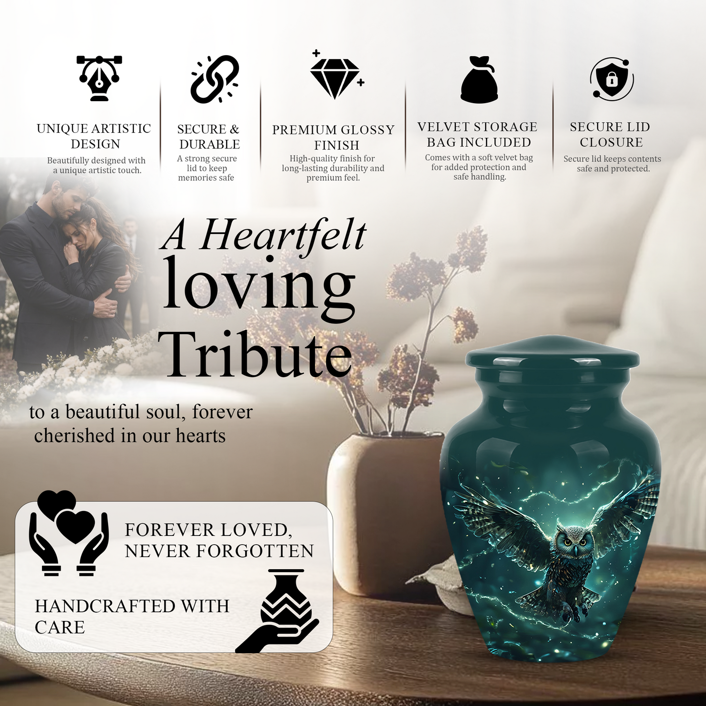 Flying Owl Cremation Urn - Night Owl Burial Urns For Human Ashes