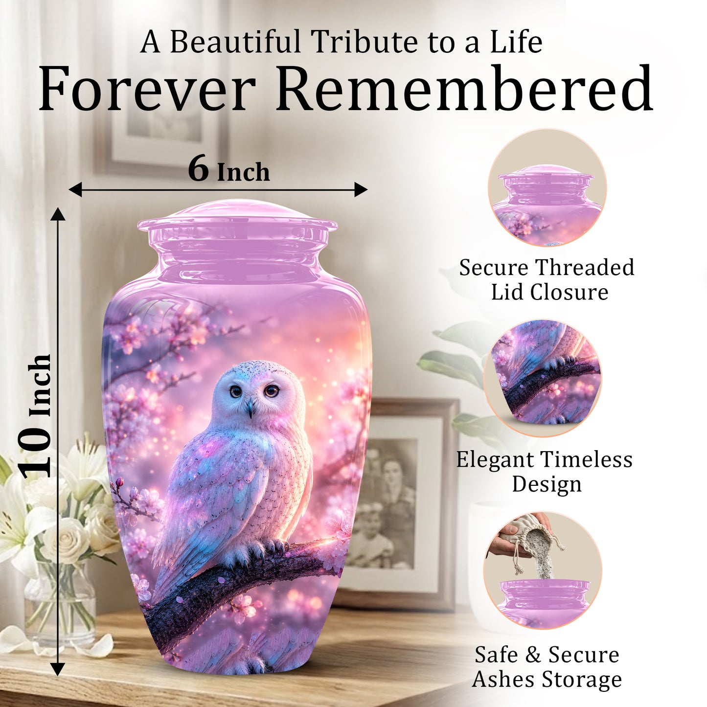 White Owl Cremation Urn - Beautiful Pink Memorial Urns For Human Ashes